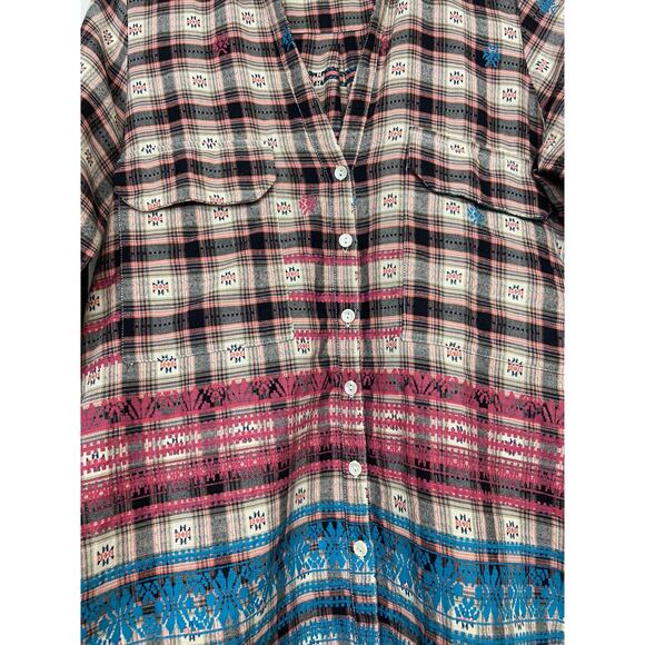 Roller Rabbit Brown Pockets Flannel Top Shirt Aztec Plaid Batik IKAT XS - Picture 3 of 12